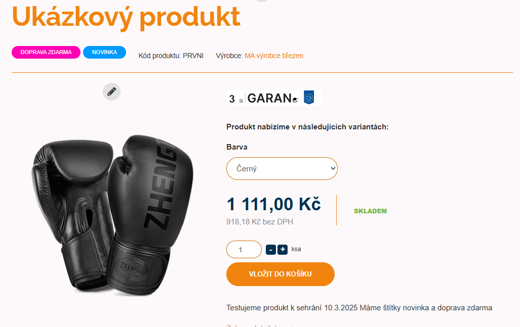 Detail produktu a štítek Garan